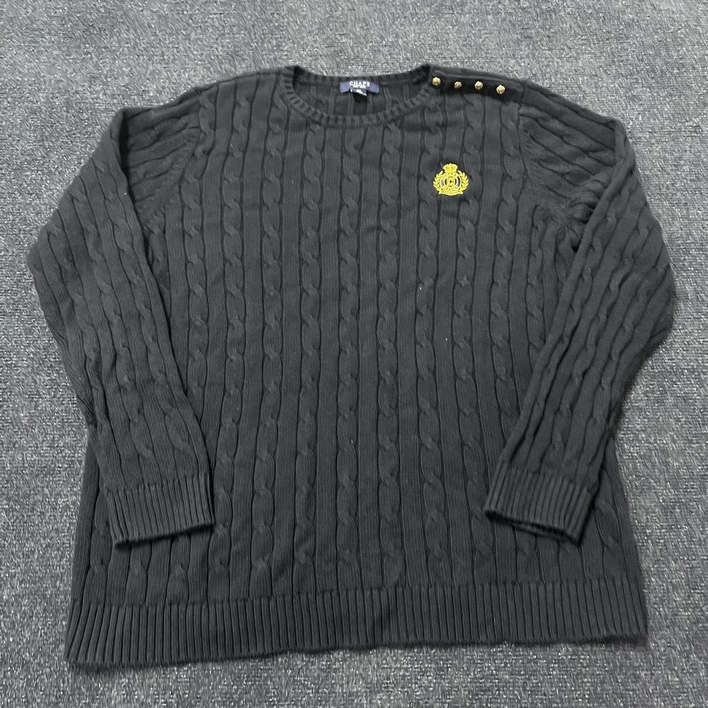 Chaps Sweater‎ Womens 2X Black Cable Knit Embroidered Crest Shoulder Buttons